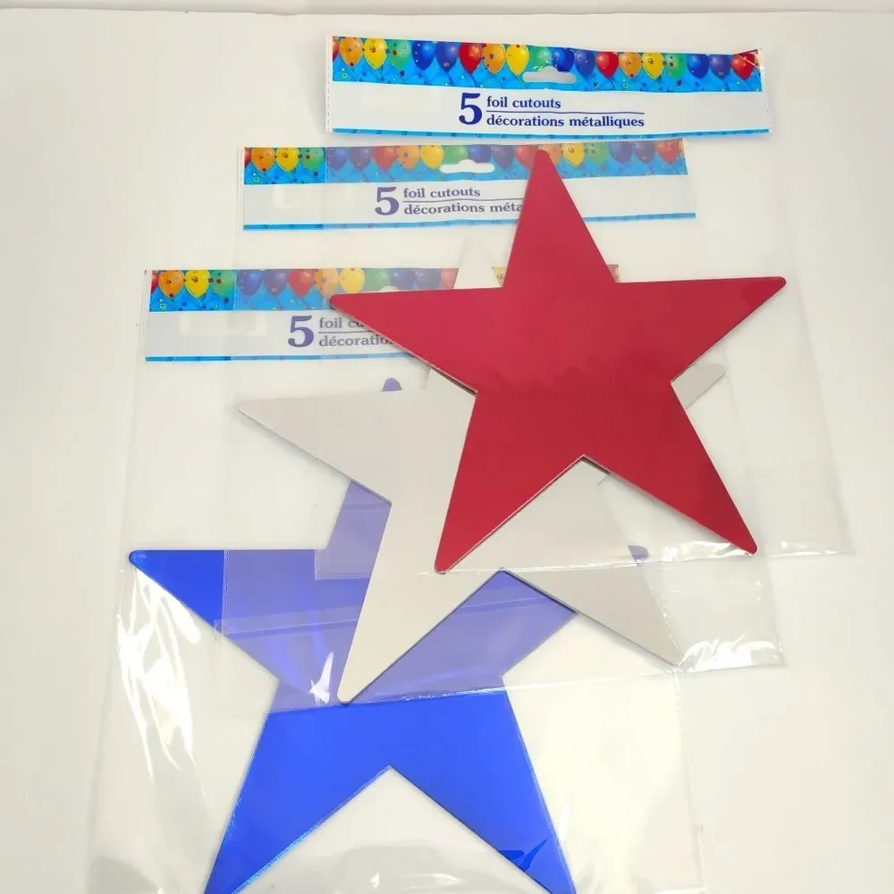 USA Star Foil Cutouts Red Blue Silver Lot total of 15 Stars Patriotic NWT